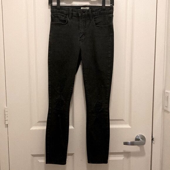L'AGENCE Denim - L’Agence Margot Black Distressed High Rise Skinny Jeans in Zinc Destruct. Sz  27